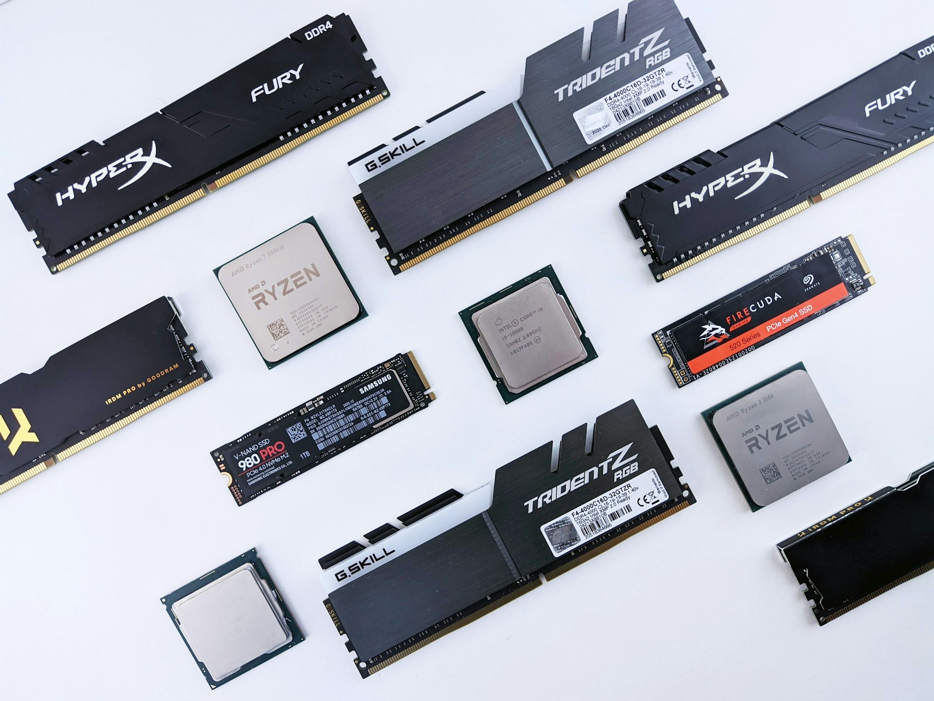 a collection of memory cards laid out on a table